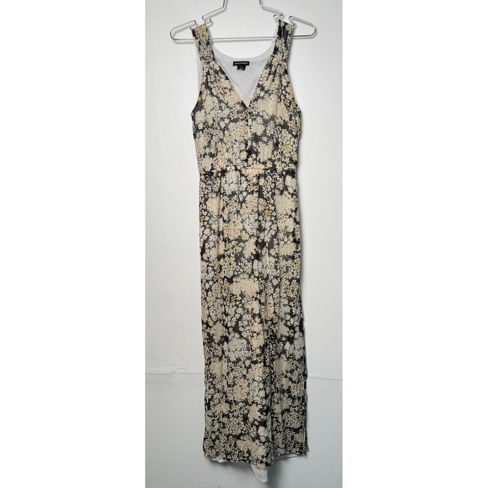 Club Monaco Silk Floral Maxi Dress Size 0 Black Cream Sleeveless V-Neck Lined